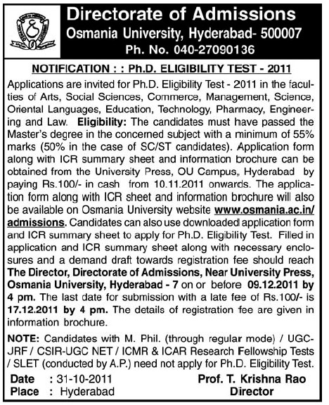 Osmania University, Hyderabad  Notification for Ph.D. Eligibility Test 2011